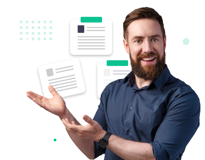 A teacher happily pointing towards the title of the article about the Duolingo English Test price