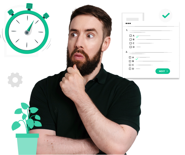 A teacher wondering how long is the Duolingo English Test, with some clocks behind him